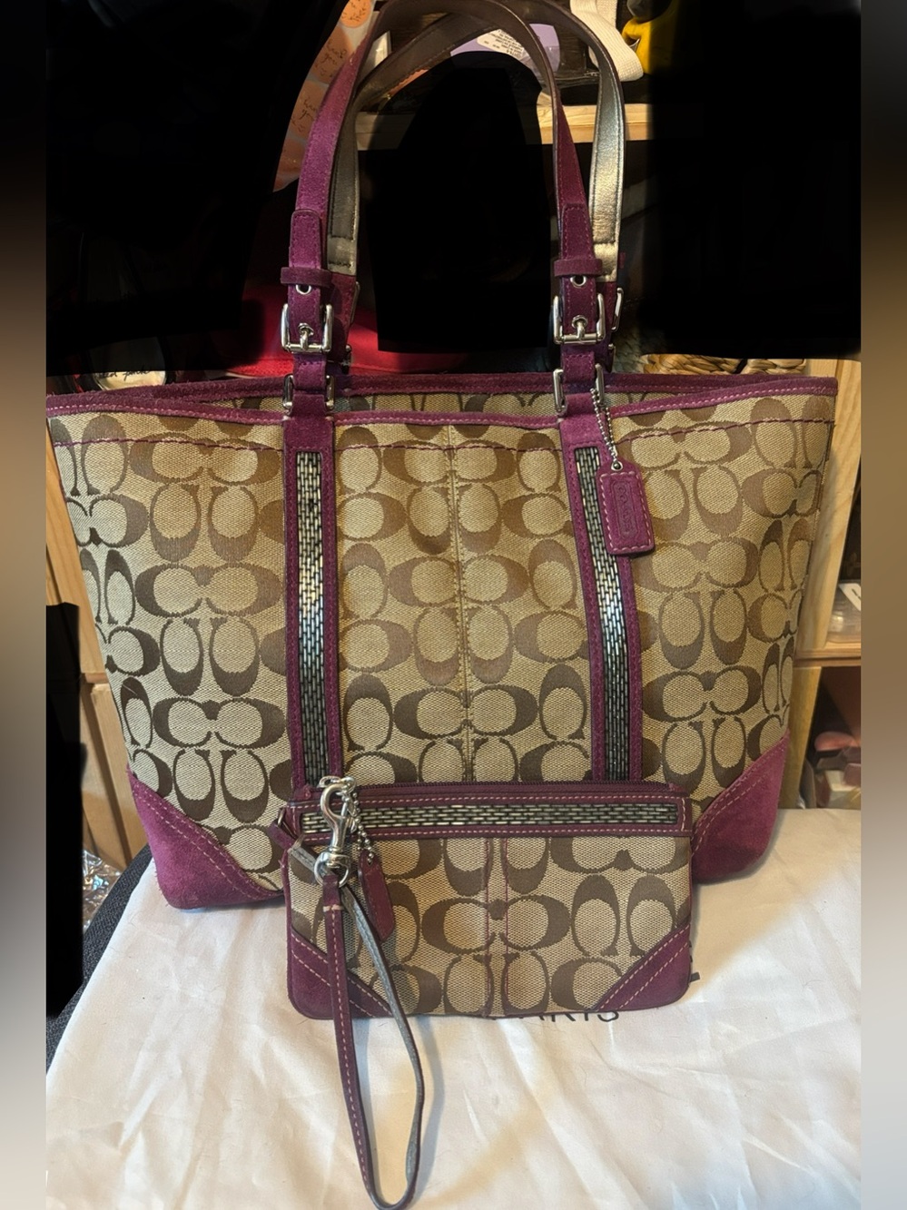 Vintage Coach Signature Beaded Tote and wristlet